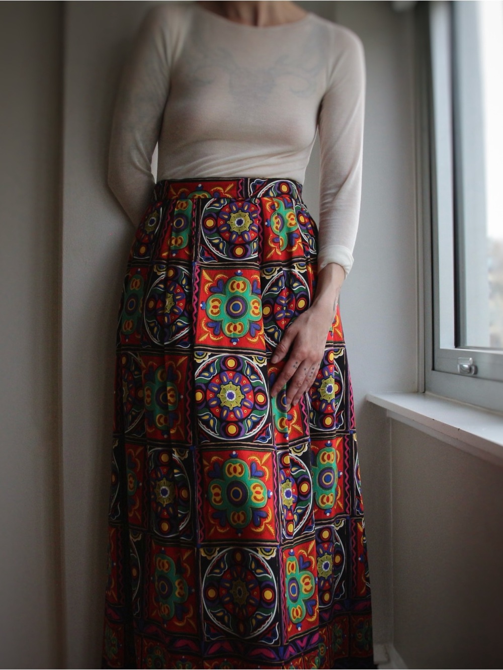 1990's Ports International Moorish Medallion Tile Print Maxi Skirt